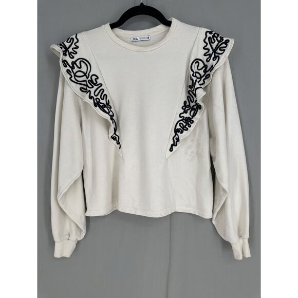 Zara Sweatshirt Womens Small Cream Ruffle Black Western Boho Embroidered Boxy - Picture 1 of 7